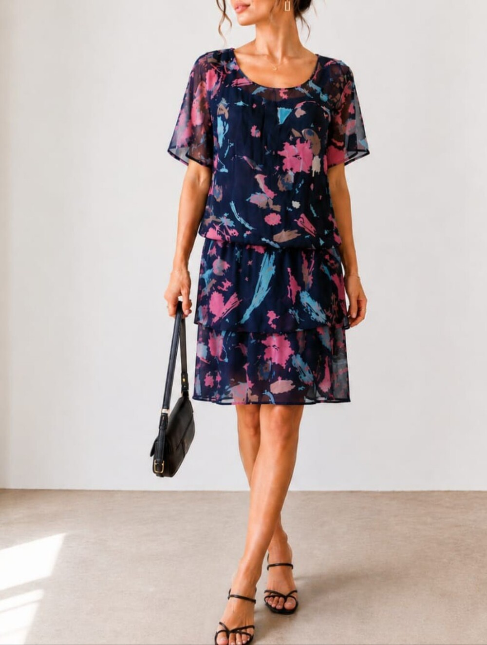 SEE BY CHLOE Tiered 100% Silk Brushstroke Floral Midi Dress Size2